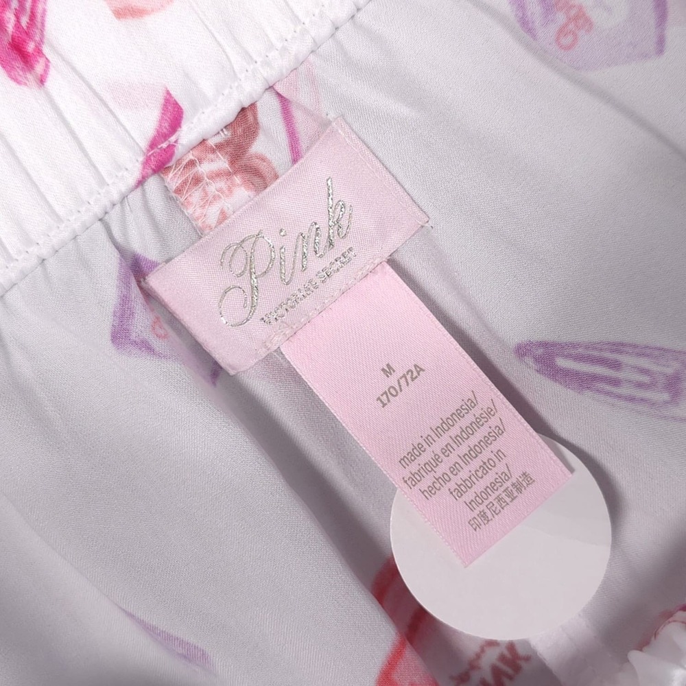 VICTORIA'S SECRET PINK New MEDIUM Pajama Set Satin Cami Shorts Makeup Print Logo - Picture 2 of 16